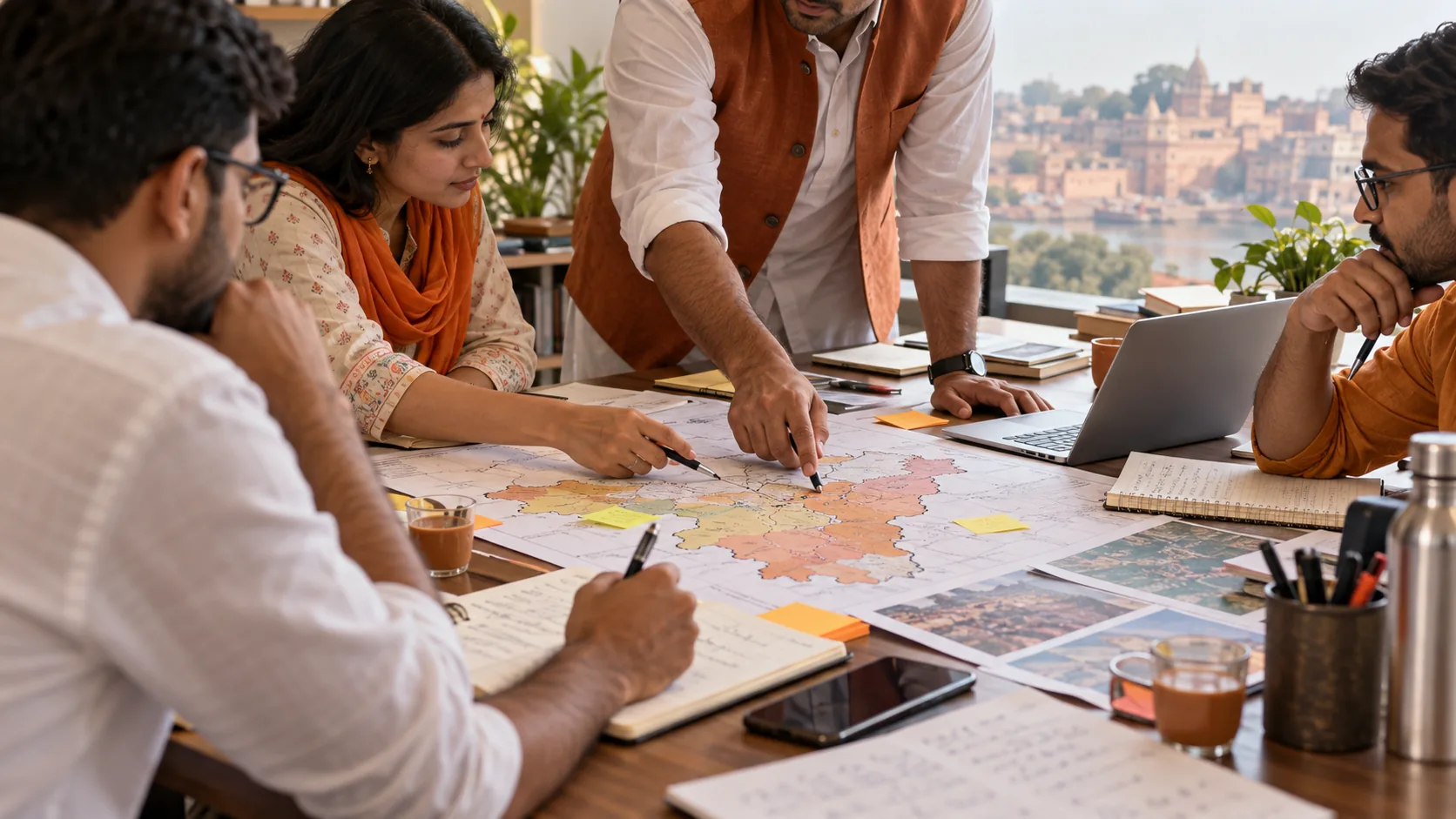 Campaign planning team reviewing materials around a table