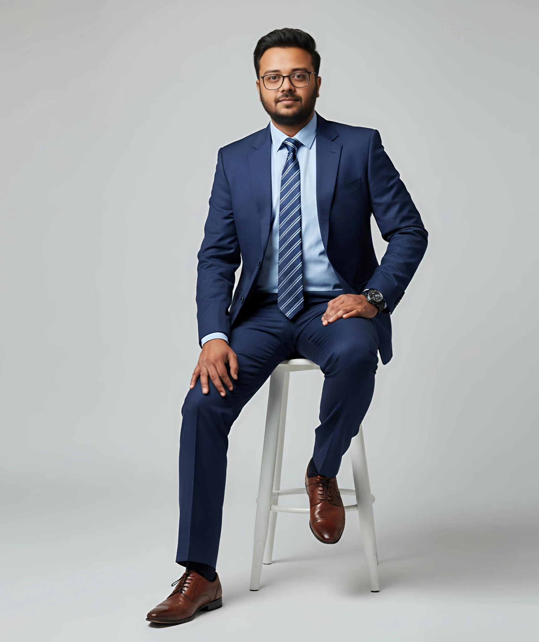 Sanjog Urkude in a navy suit against a light studio background